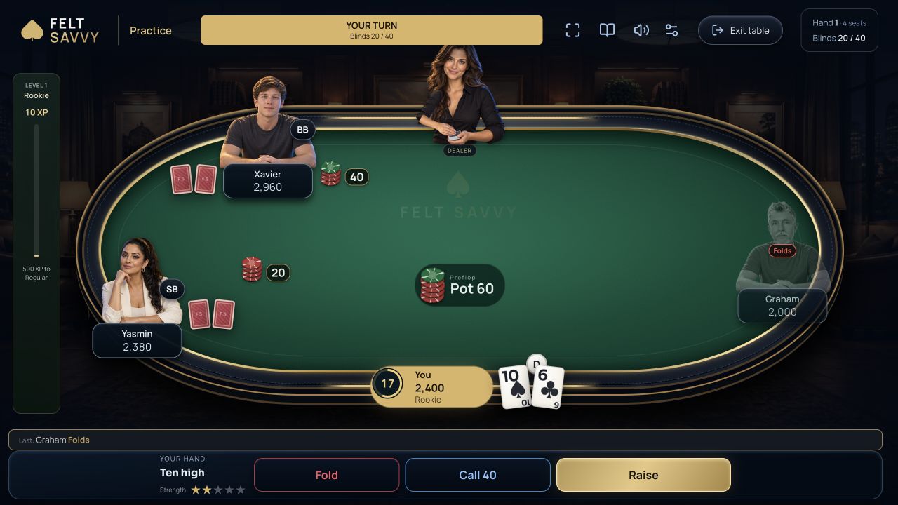FeltSavvy practice table with fictional computer opponents, practice-chip stacks, turn indicator and betting controls
